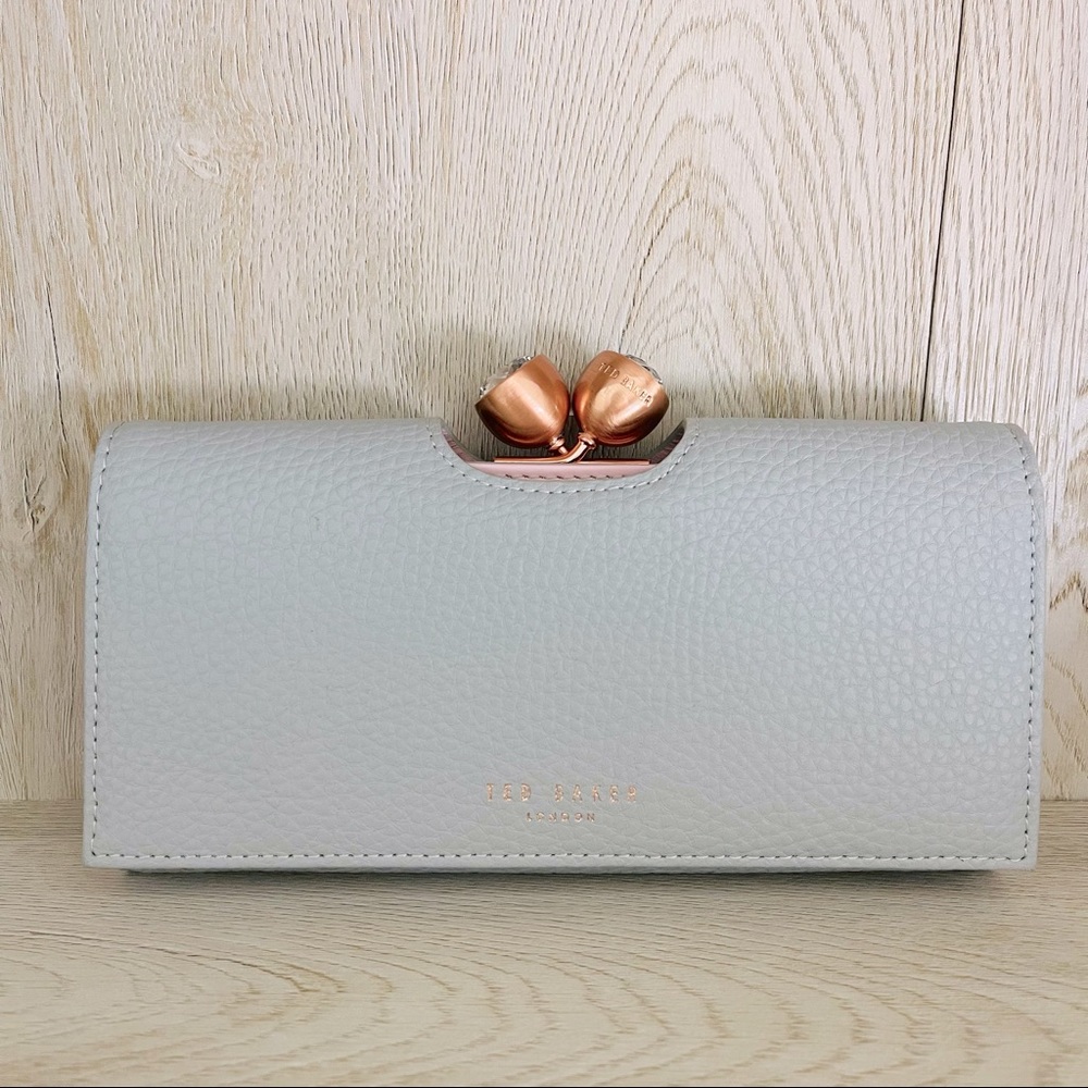 Ted Baker Pale Gray Leather Clutch with Rose Gold Detail